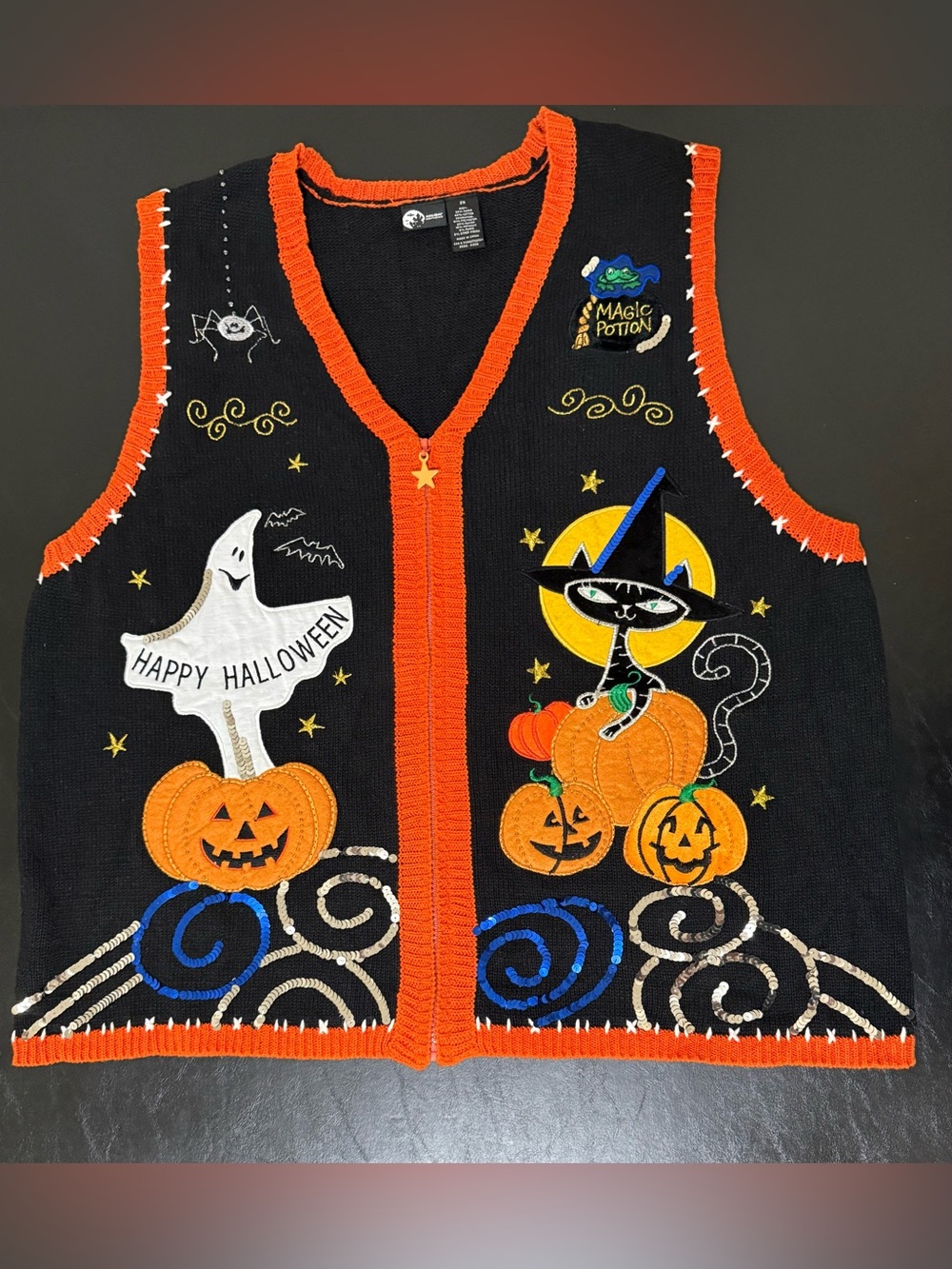 Vintage Holiday Editions 90s Halloween Sweater Vest w/ Ghost, Cat, Pumpkins, 2X